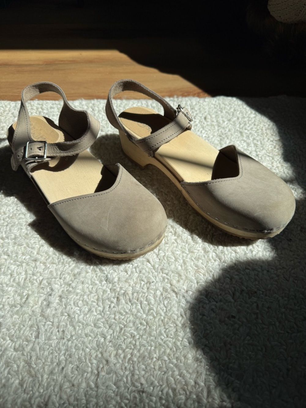 Women’s Taupe Leather Clog Mules with Ankle Strap